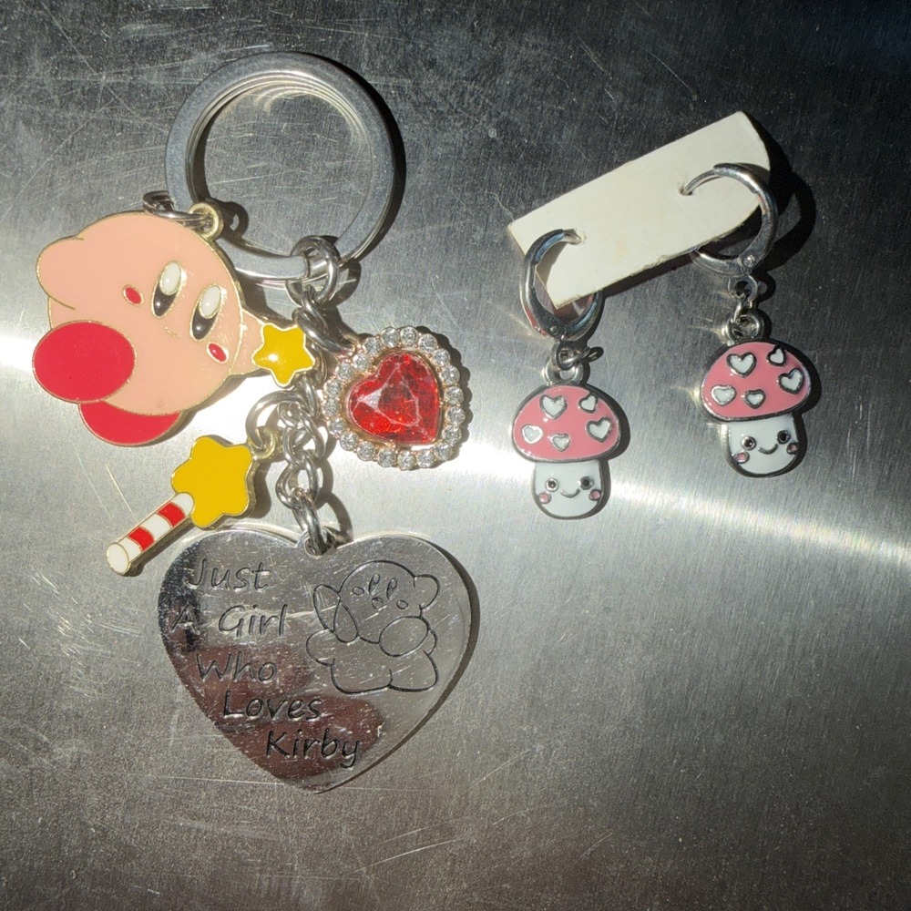 Just A Girl Who Loves Kirby Keychain & Pink Mushroom Earrings For Pierced Ears